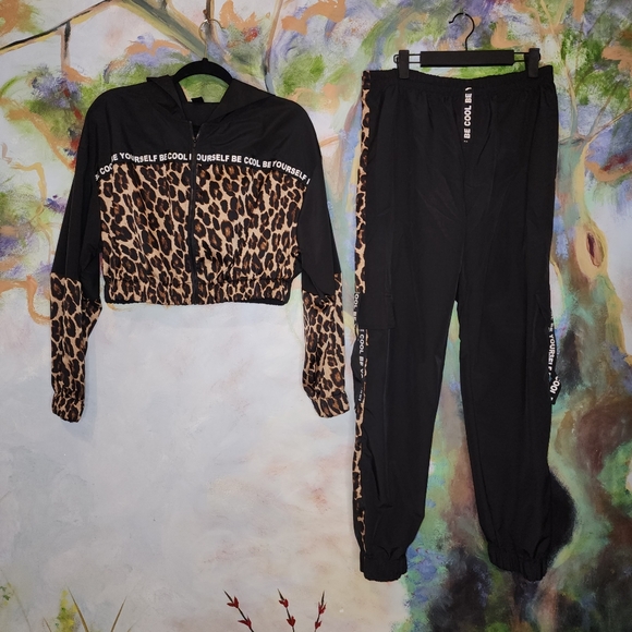 Leopard Print Crop Jacket Jogger Pants Set BE COOL BE YOURSELF Athleisure - Picture 6 of 12